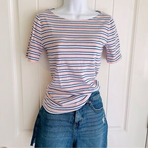 J. Crew Pink & Blue Striped Boatneck 3/4 Short Sleeve Ribbed Knit Top Sz Small
